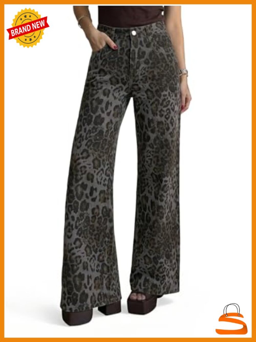 Wide Leg High Waisted Leopard Print Stretchy Jeans with Pockets